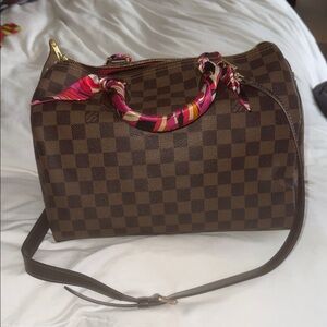 Louis Vuitton Speedy 30 Bandouliere with LV scarf on handles to protect them.